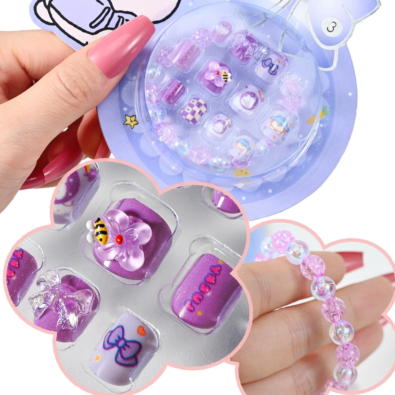 12Pcs/Box Cartoon Full Cover Kids False Nail Tips Purple Festival Child Cute Short Fingernail Press on Fake Nail for Little Girl