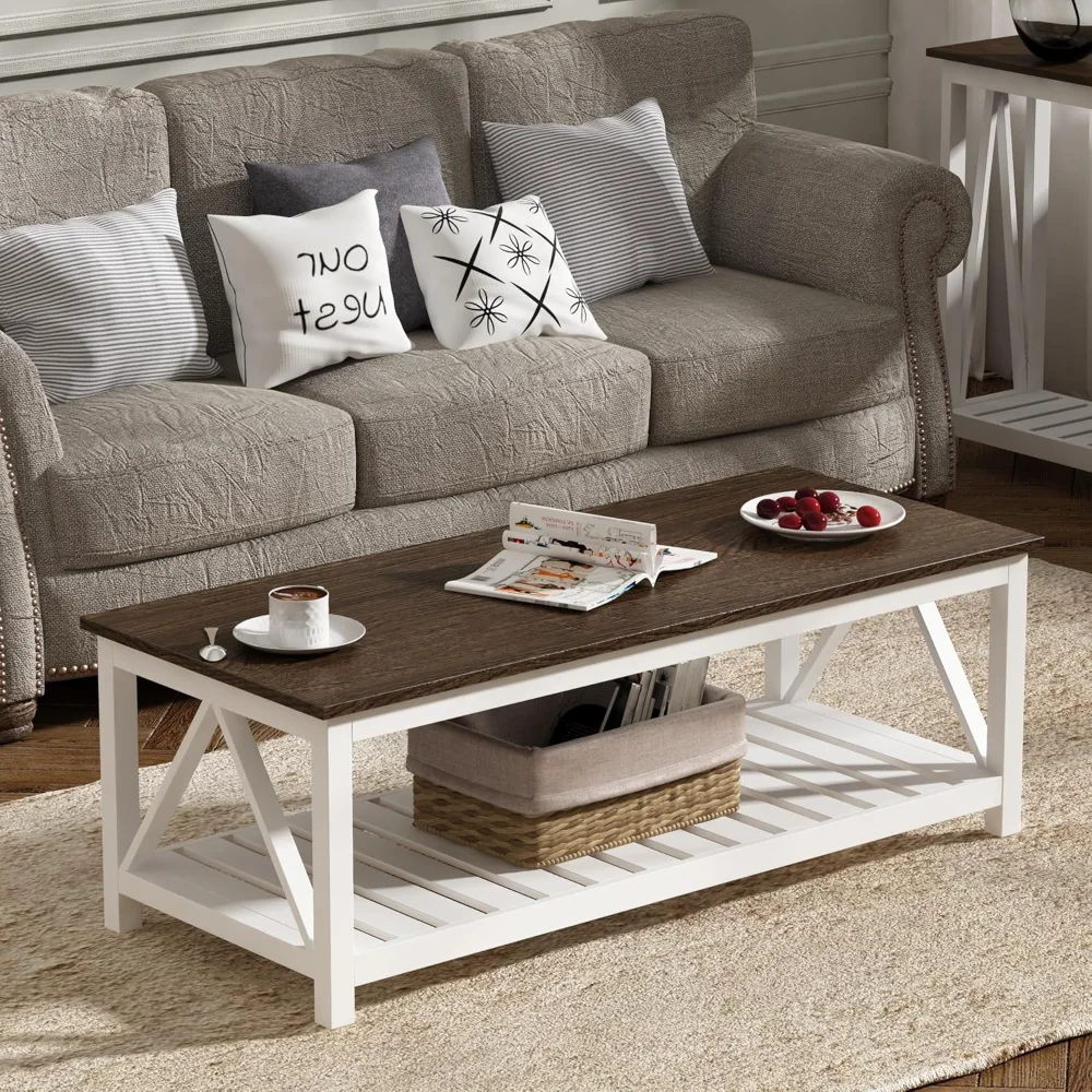 Farmhouse Coffee Table, Rustic Vintage Living Room Table with Shelf, 47 White