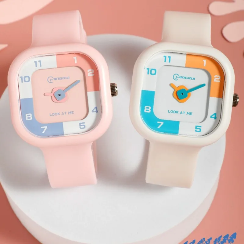 Square Students Watch Boys and Girls Simple 3 Bar Waterproof Sports Watches Silicone Strap Candy Color Creative Dial Kids Clock