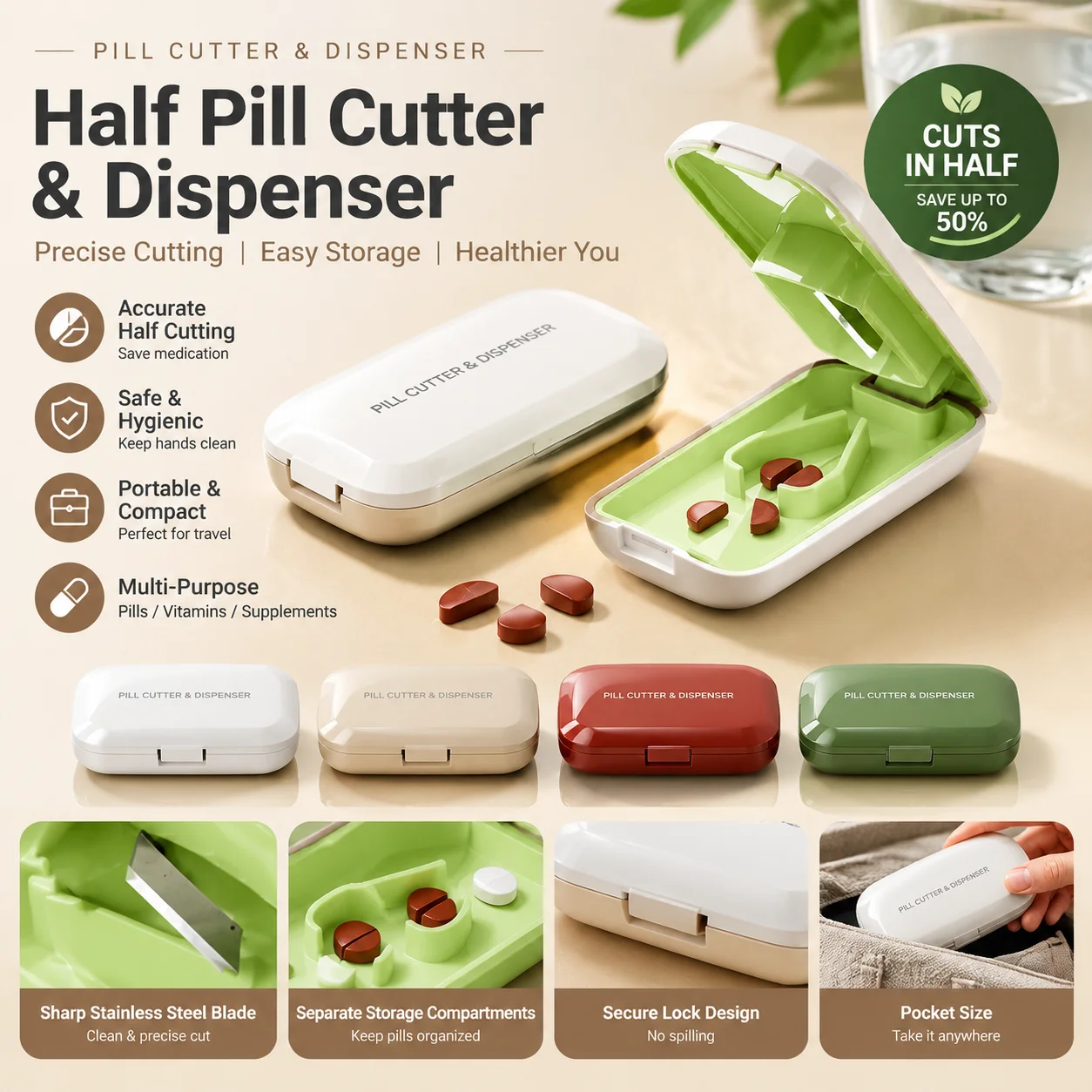 Japanese Style Pill Cutter 1/2 1/4 Tablet Splitter Portable Mini Pill Box With Storage Medicine Organizer Gift Tool