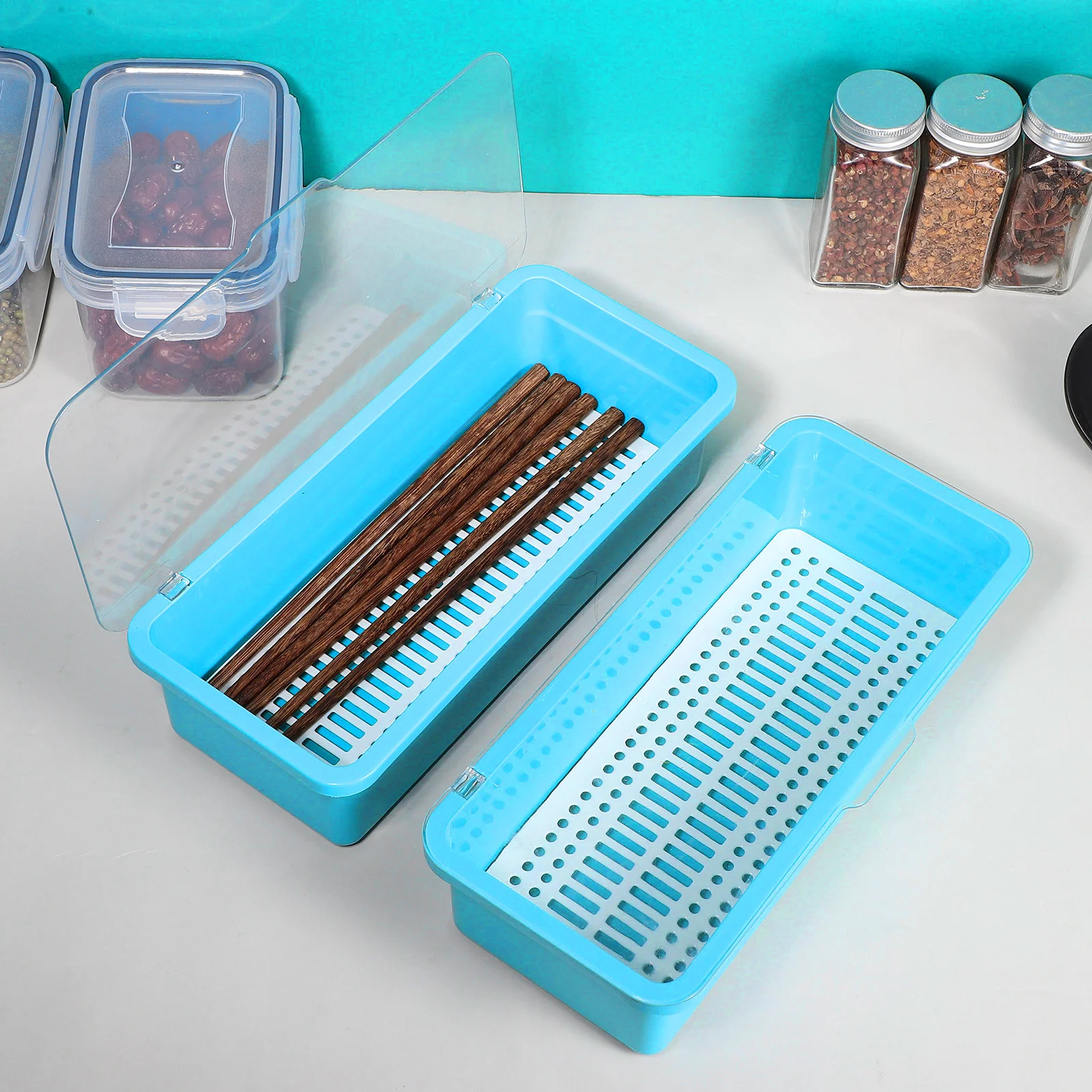 

2Pcs Silverware Storage Trays Plastic Flatware Organizer Lid Design Cutlery Organizer Dry Drainage Case Kitchen Countertop