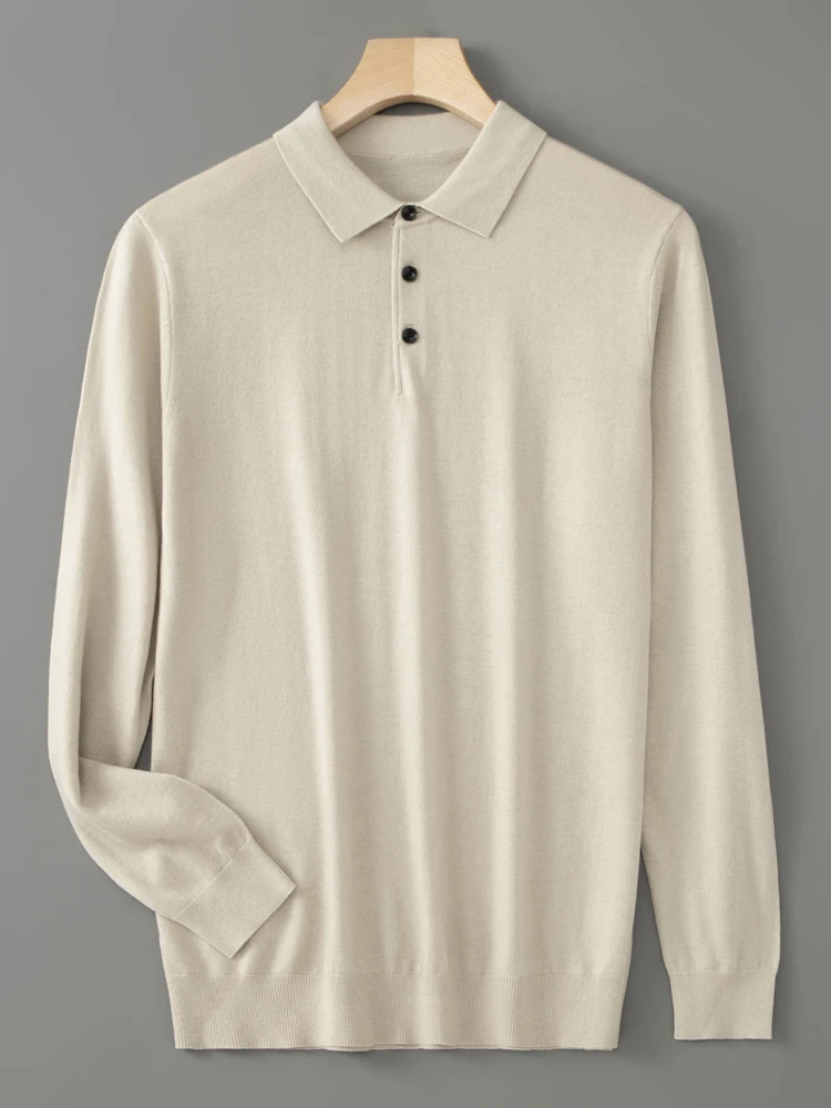 Spring Autumn Men Shirt  Merino Worsted Wool Knitted Pullover Long Sleeve Polo-Collar Clothing Tops Smart Casual Thin Outerwears