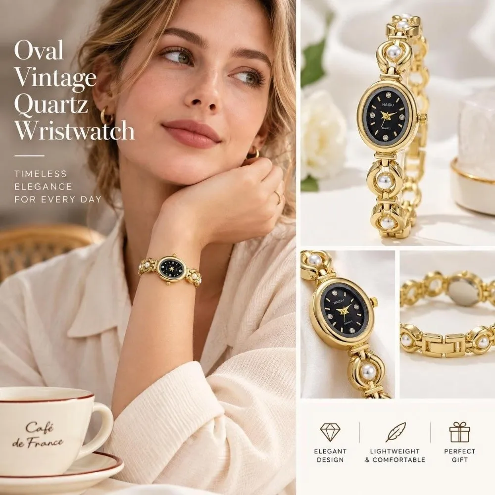Vintage Oval Dial Women's Watch Pearl Decoration Analog Display Quartz Watch Small Wristwatch For Students Girls
