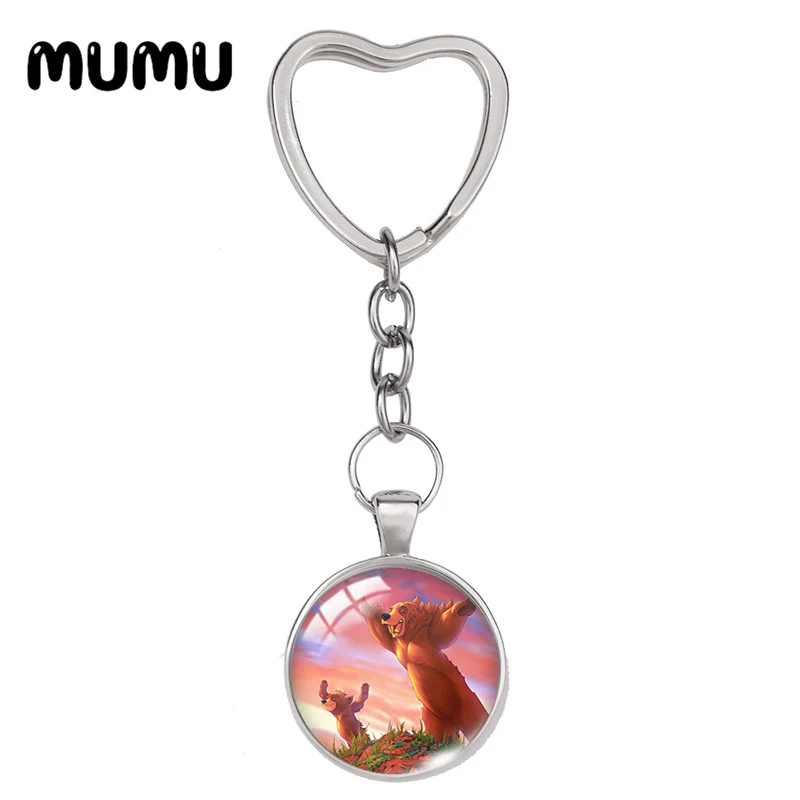 2024 New Brother Bear Heart Keyring Cute Bears Keychain Glass Dome Cabochon Jewelry Gifts Children