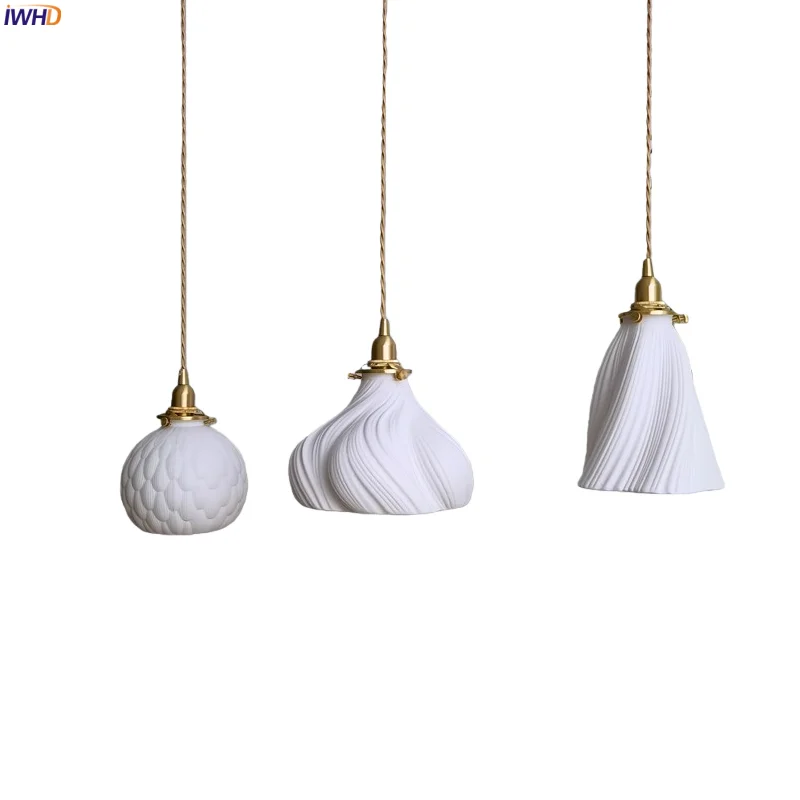 

IWHD Japan Vintage LED Pendant Lamp For Bedroom Decoration Living Room Lighting Copper White Ceramic Pendant Light Hanglampen