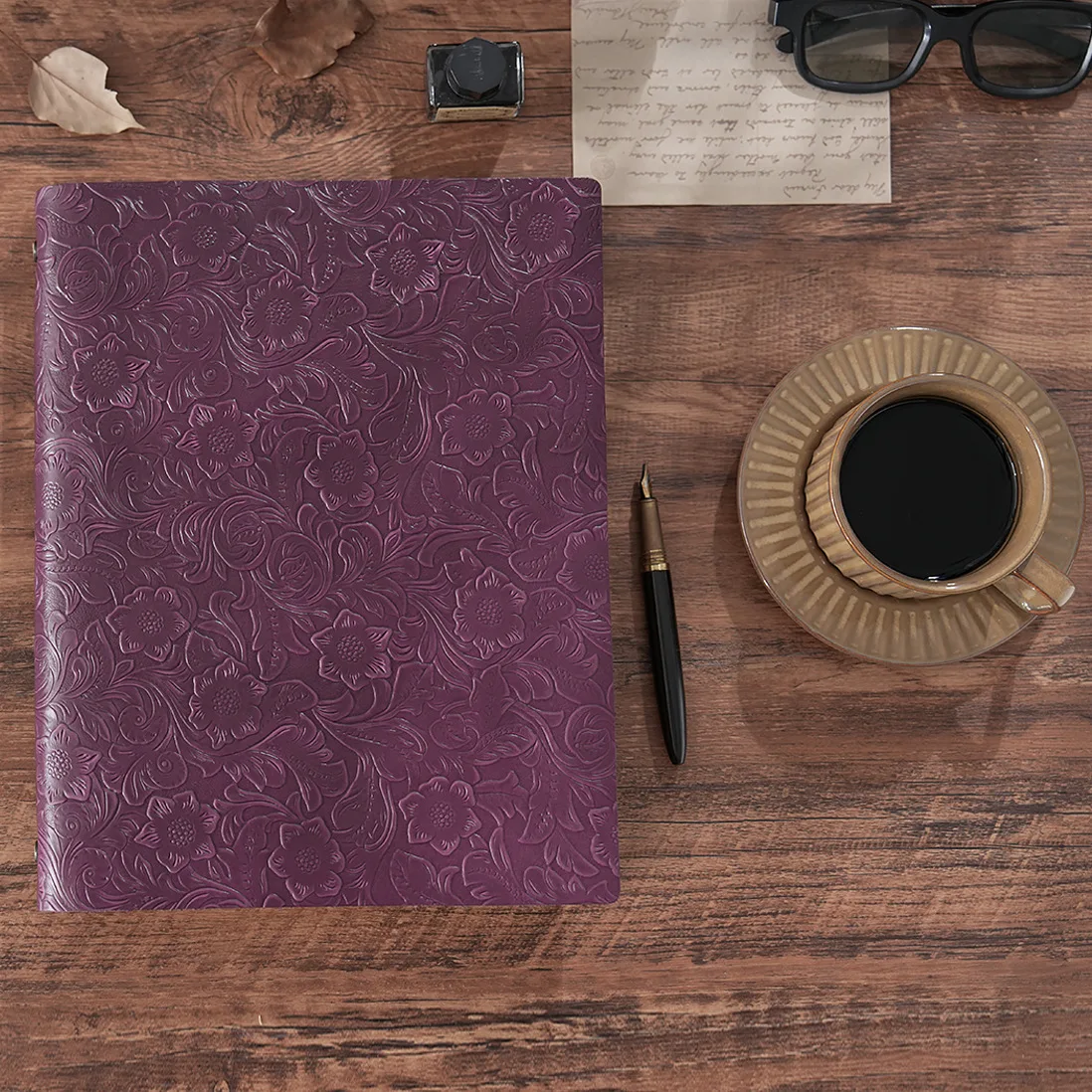 Carved Top Grain Leather 9-Hole Loose-Leaf Notebook, Refillable A4 B5 A5 Binder Journal with 120 Sheets Lined Blank or Grid