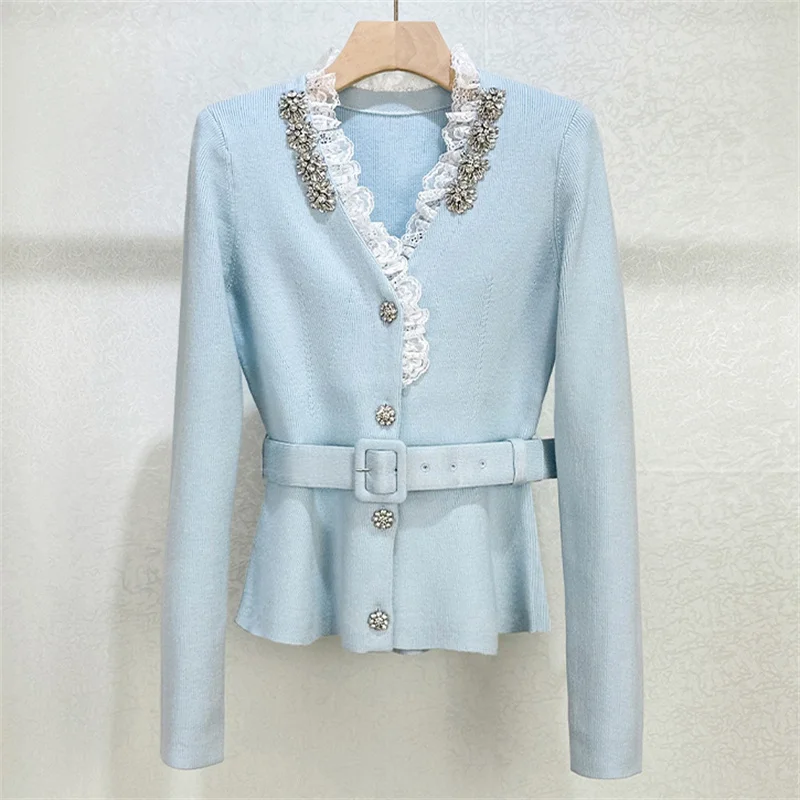 

Кардиган для женщин, новинка зимы 2025, эластичный вязаный тонкий топ с длинными рукавами, блестящие пуговицы, трикотажный пояс, облегающее женское пальто