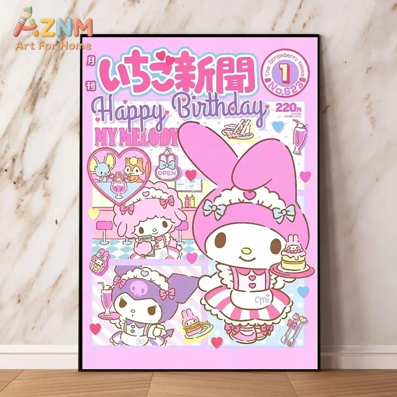 Retro Sanrio Characters Wall Poster,Kuromi Cinnamoroll My Melody Magazine Print,Unframed Canvas Painting for Bedroom Home Decora