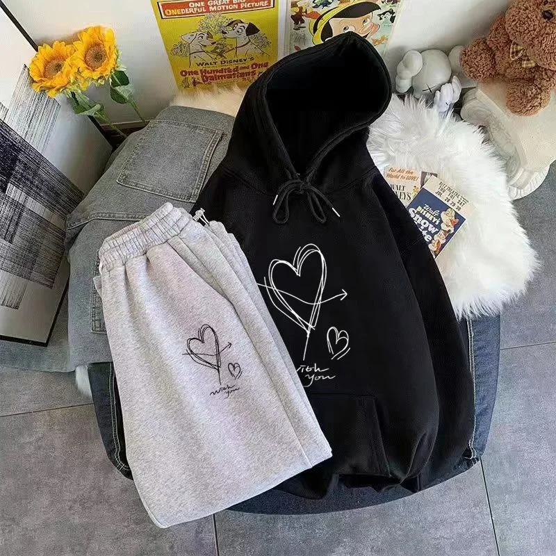 Desenhos animados Love Printed Sports Set para mulheres, capuz casual, roupas de treino, calças esportivas, moda, 2 peças