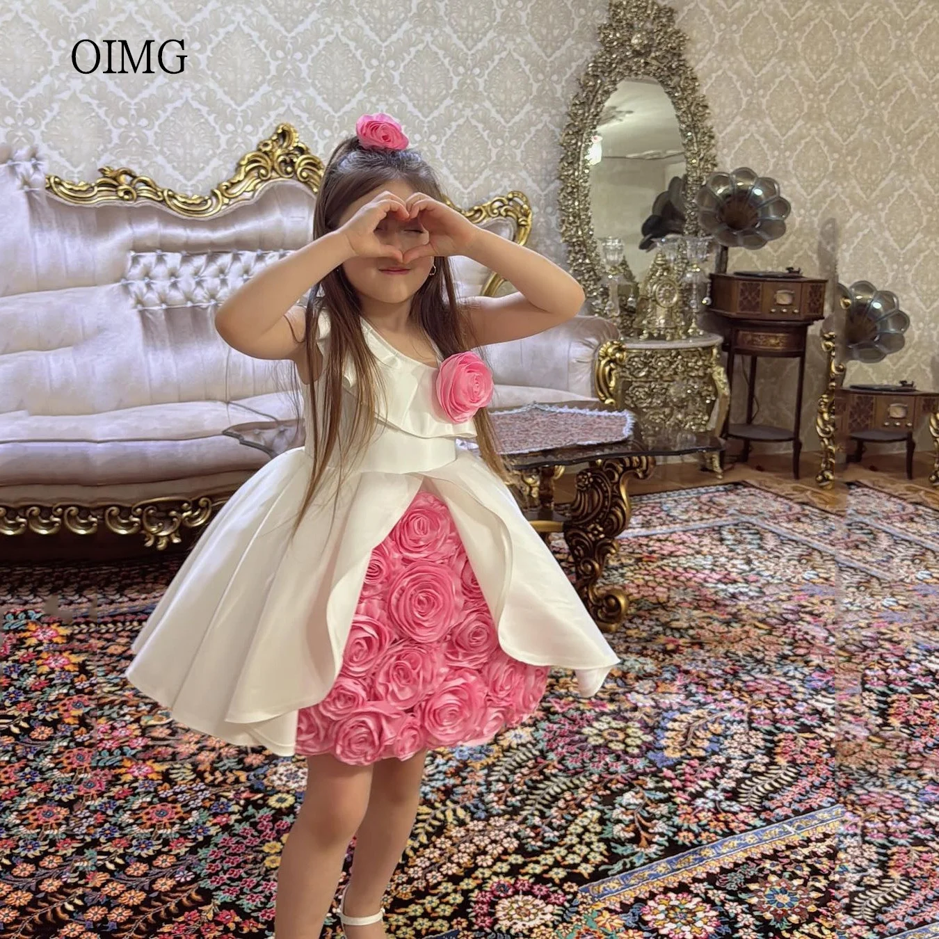 

OIMG Pretty Ball Flower Girl Dresses 3D Flowers Gown Wedding Party Dress Curled Collar Princess Birthday Dress Customized