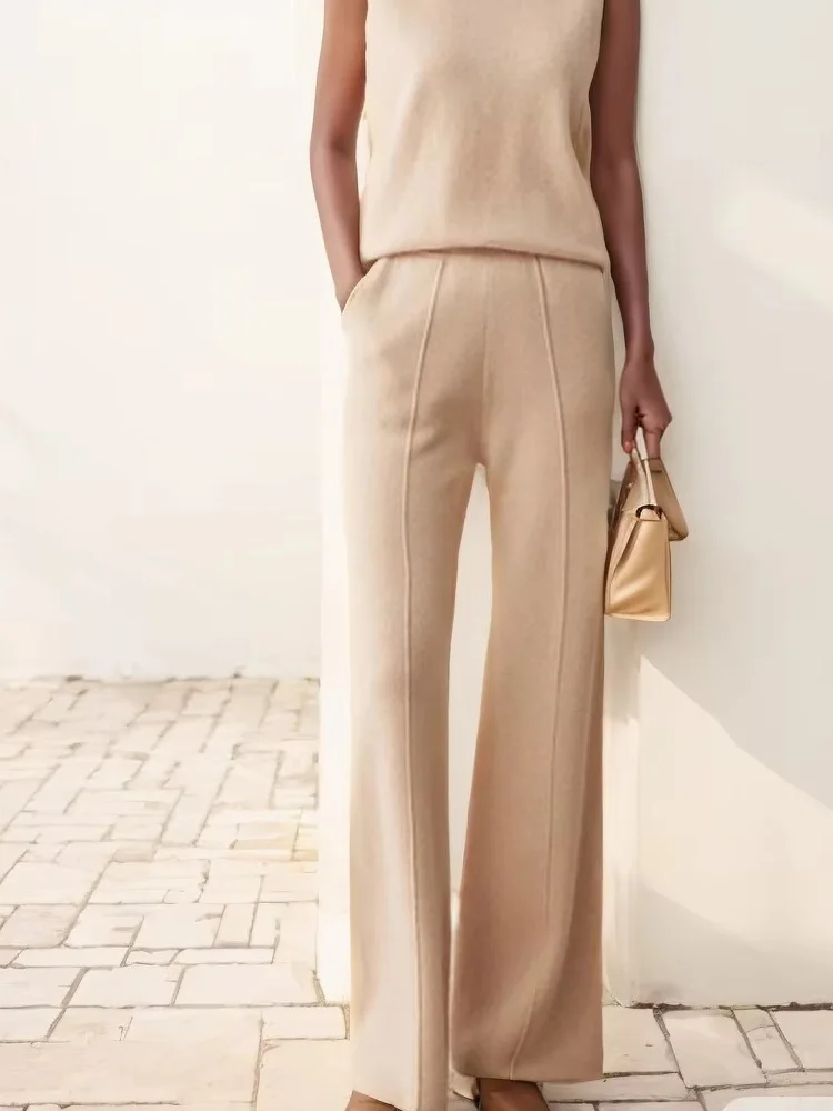 Autumn Winter Cashmere Pants Women's Thicked Elastic Waist Straight Pants Versatile Trousers 100% Cashmere Knitwear Office Lady