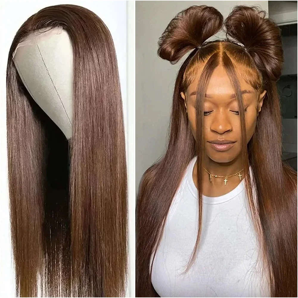 

#4 Chocolate Brown Bone Straight 13x6 HD Transparent Lace Front Wigs Pre Plucked 13x4 Lace Frontal Brazilian Human Hair Wig 200%