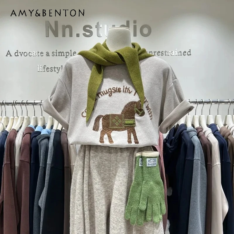 秋の厚手起毛コットンオーバーサイズY2K Tシャツヘビーインダストリー刺繍ルーズロングハーフスリーブボトムシャツレディース