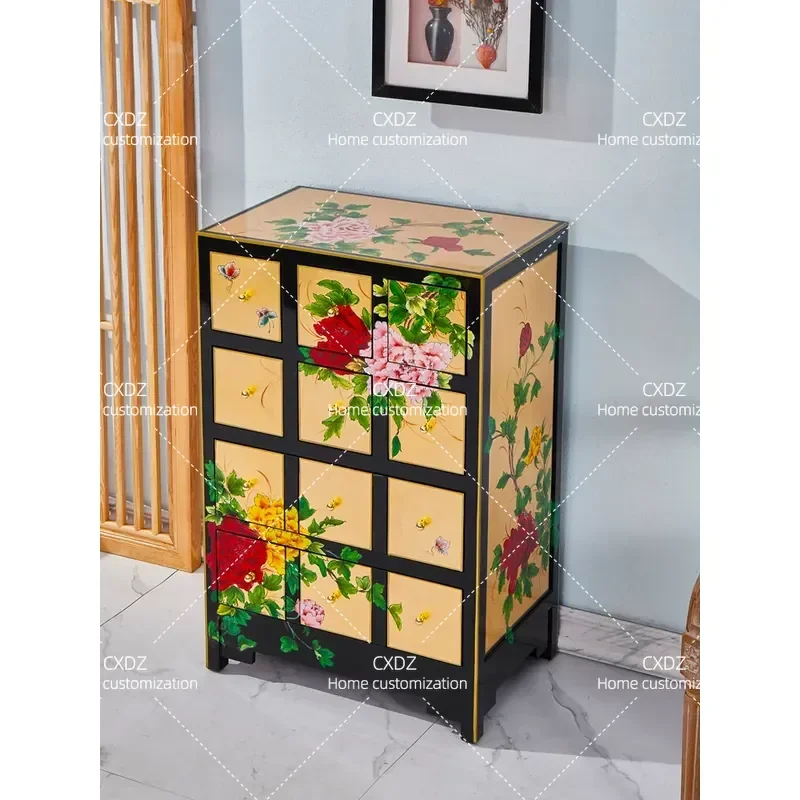 Vintage Gold Foil Painted Drawer Cabinet Storage Side Table Bedroom Bedside Nightstand Retro Furniture Clearance Sale