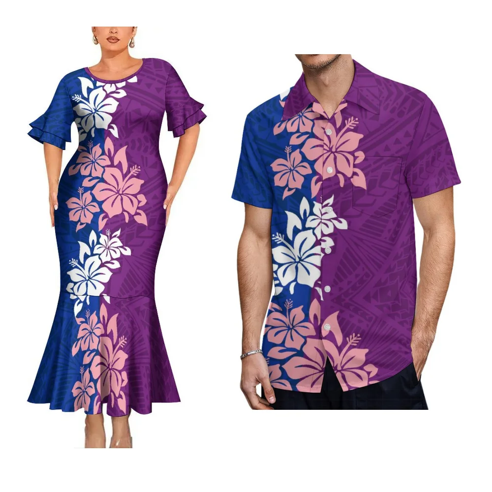 High Quality Polynesian Tribal Vintage Custom Couple Set Women'S Slim-Fit Dress Hawaiian Party Fishtail Dress And Men'S Shirt