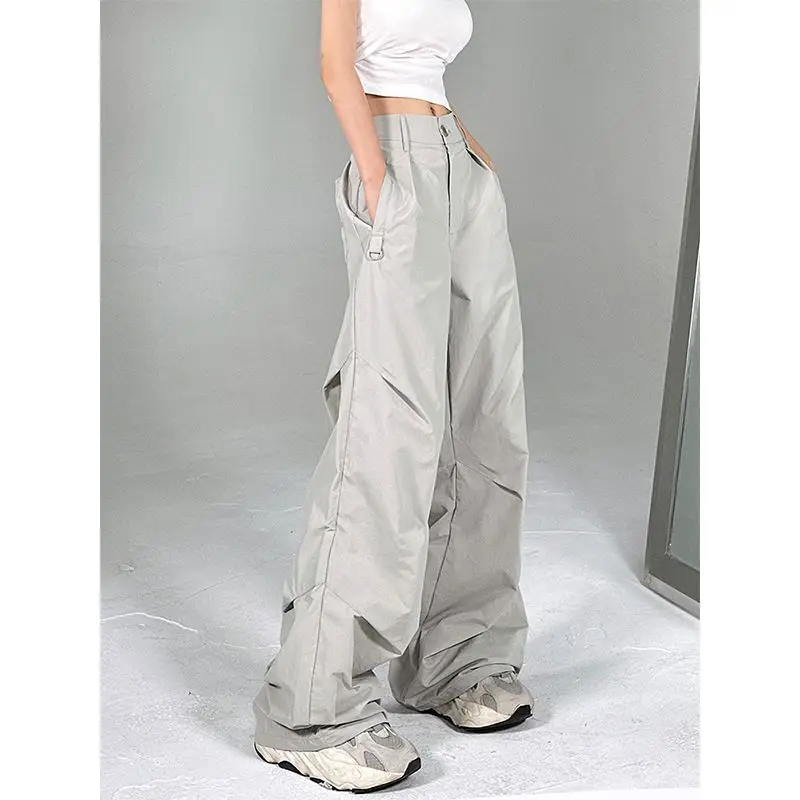 High Street Niche Pleated Design High-end Feel Cargo Work Pants Women's Nylon Casual Loose Long Pants