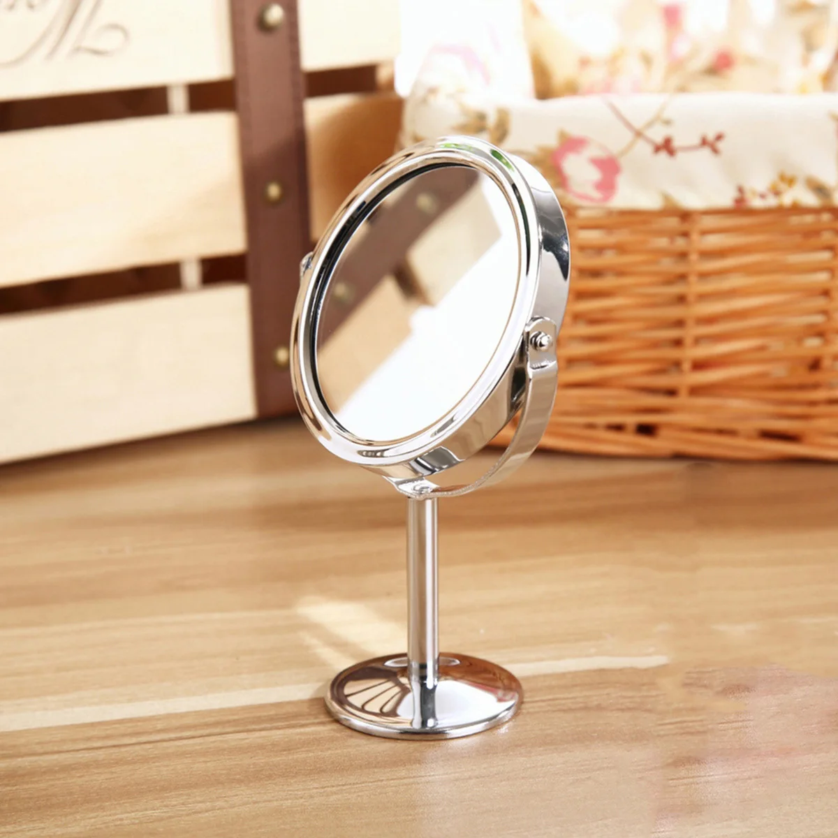 Round Double Sided Makeup Mirror with 1:2 Magnification Rotary Design Clear Surface Desktop Vanity Mirror for Daily Use