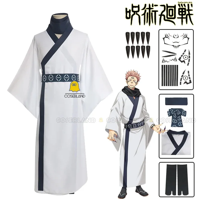 Ryomen Sukuna Cosplay Costume Wig Anime White Kimono Uniform Stickers Scarf King of Curses Halloween Women Men
