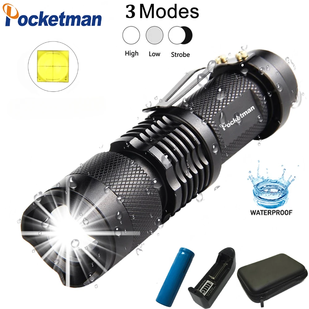 Pocketman Di Động Bỏ Túi Đèn Pin Đèn Pin Mini Bút Ánh Sáng Có Thể Phóng To Q5 T6 L2 LED Đèn Pin Đèn Pin Chống Nước