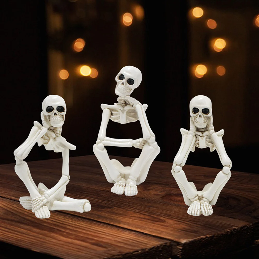 

3Pcs Resin Statue Thinker Skull Sculpture Halloween Desktop Decoration Home Office Decor Thinker Statue