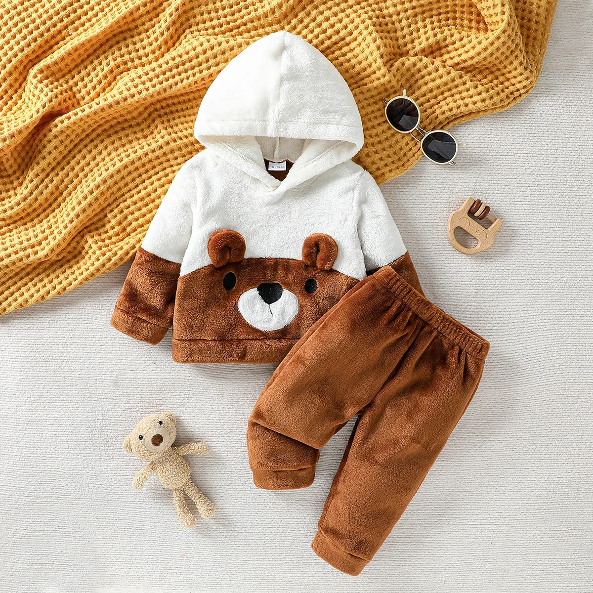 2025 New Fashion Baby Boy Girl /Unisex Winter Casual Daily Warm Cute Little Bear Fur Thick Design Suitable For 3-24M 2-Piece Set