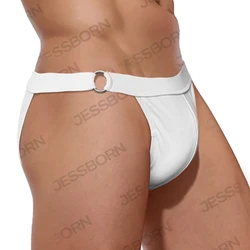 Wysokie cięcie podwójne metalowe obrączki męskie stroje kąpielowe Sexy Hollow Out G String Swim Pad Push Up stringi nylonowe gejowskie kostium kąpielowy