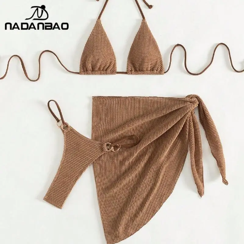 

Nadanbao Sexy Brown Bikini Set Fashion Halter Triangle Bikini 3 Piece Solid Color V-Neck Beach Casual Swimsuit Women's Clothing