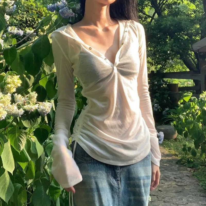 Sexy See Through Hooded Tops Women Casual Long Sleeve Thin Long Sleeve T-Shirt Female Streetwear Y2K Sun Protection White Tees image 5