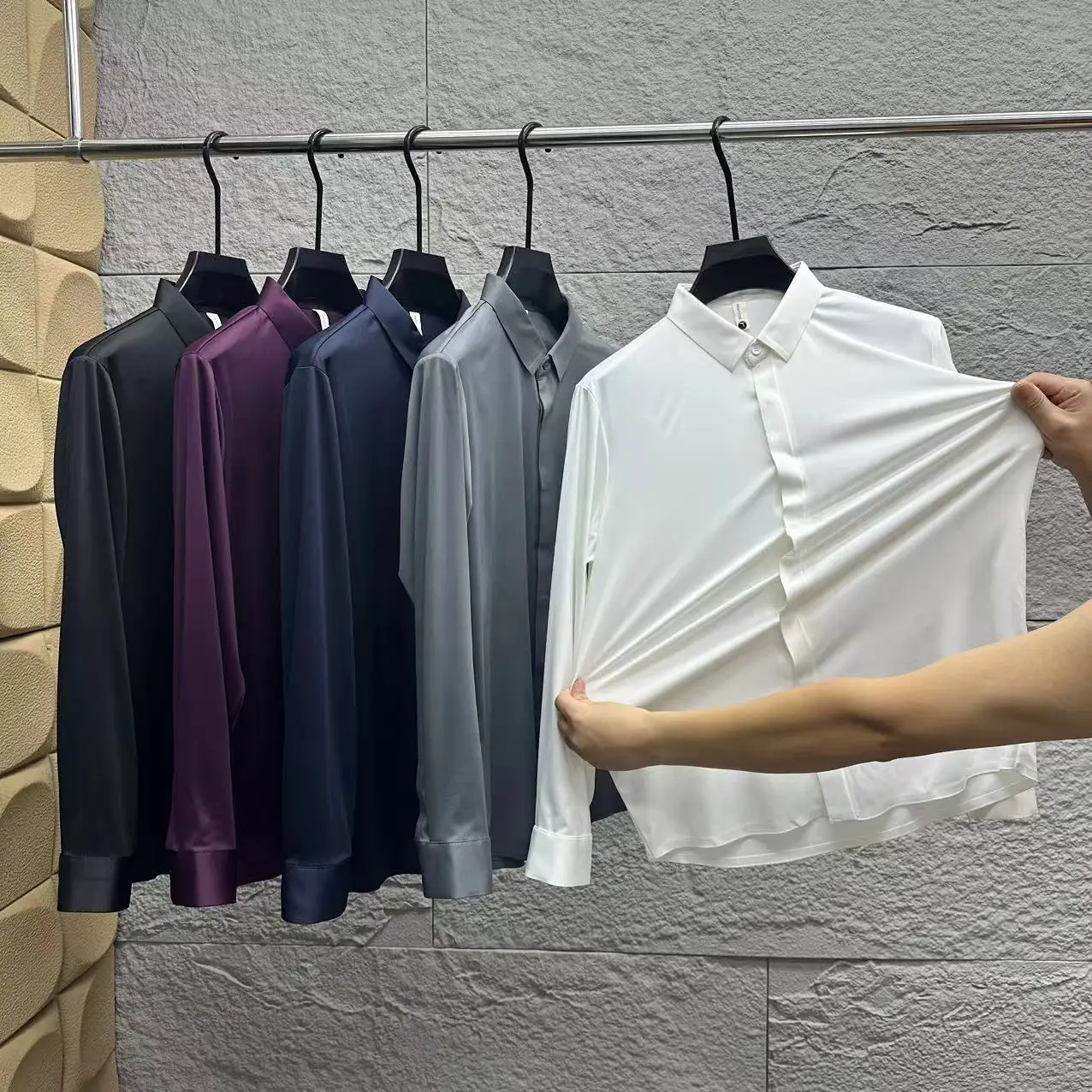 

Silk Long Sve irt for Men Busin Commute Versatile Color Drapey Smooth Autumn ential