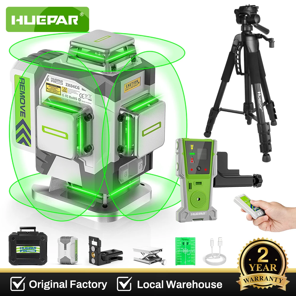 Huepar 16-Linien-4D-Laser-Wasserwaage, hochpräzises, selbstnivellierendes Kreuzlinien-Laser-Wasserwaage-Werkzeugset mit Fernstativ/Detektor ZK04CG-L