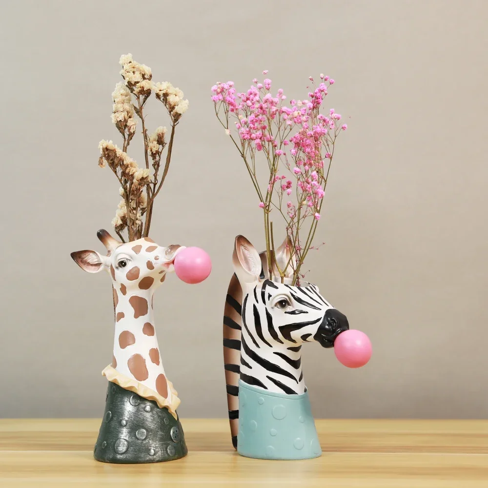 Resin Succulent Plants Flower Planter Plant Pot Vases Basket Cartoon Animal Head Sculpture Zebra Giraffe Statue Home Decoration