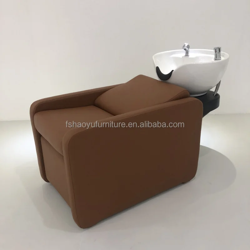 custom.Modern Style Hair Salon Brown Leather Shampoo Chair with White Washing Sink & Adjustable Footrest Styling Salon