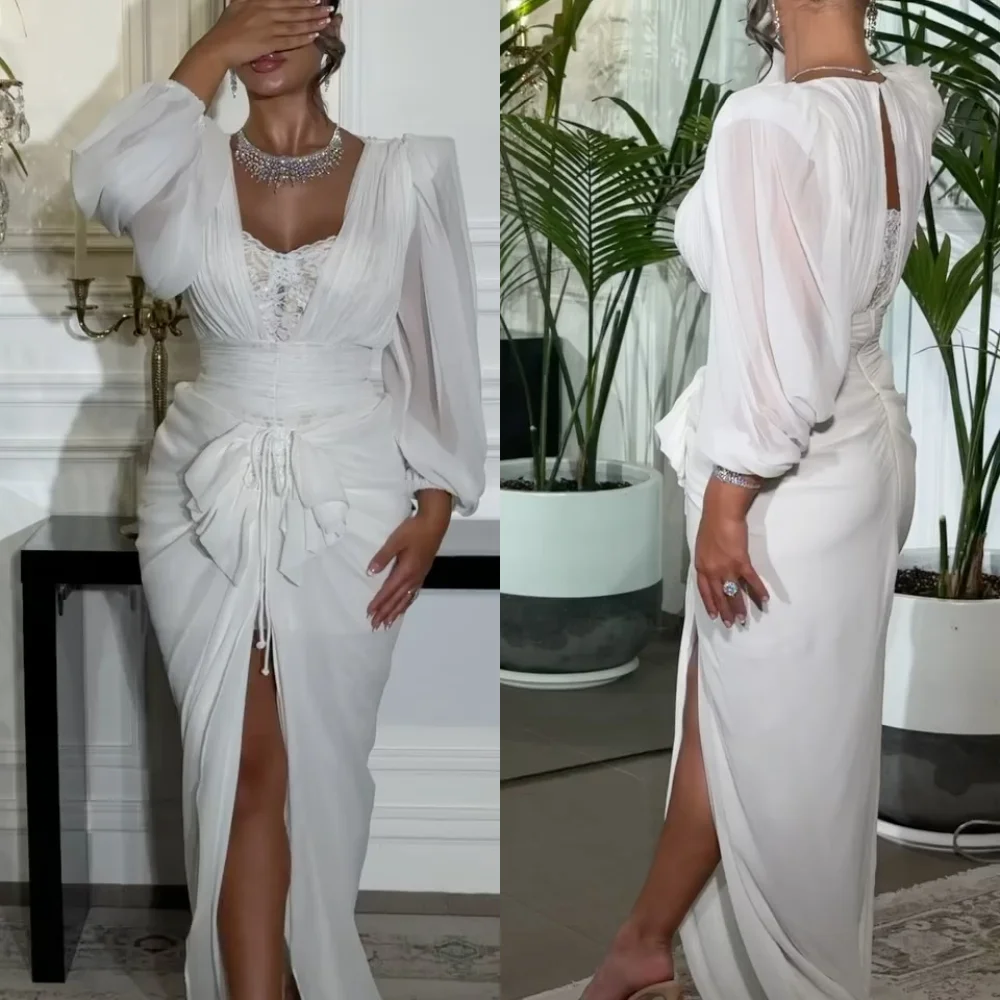 カスタマイズされたフォーマルシフォンスパンコールプリーツシースVネックロングドレスキンセアニェーラオーダーメイドの機会中国風