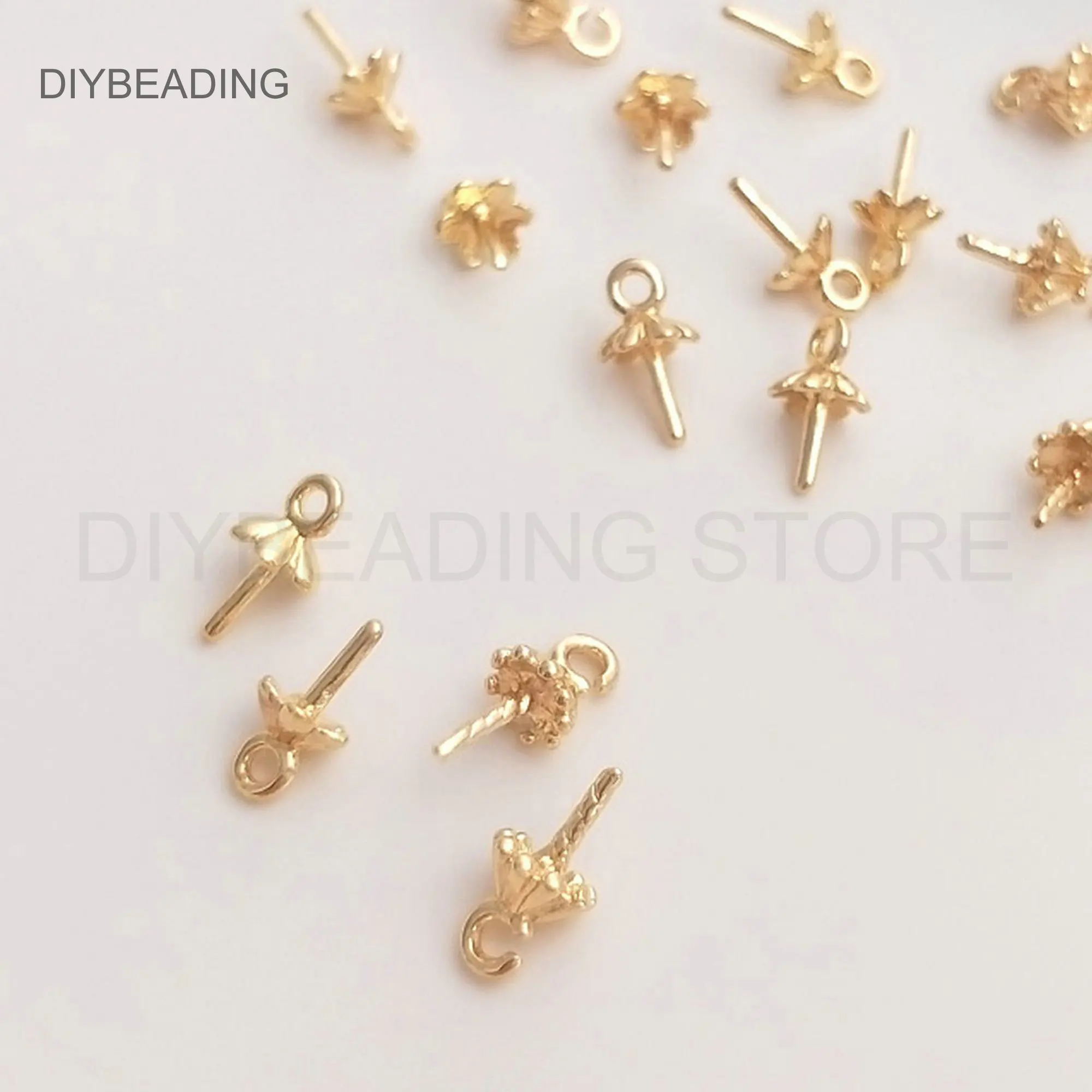 Pendant Bail Cap and Peg Lots Supply 14K Gold Plated Brass Drop Pinch Clip Clasp for Half Drilled Pearl Beads Glue on Bails