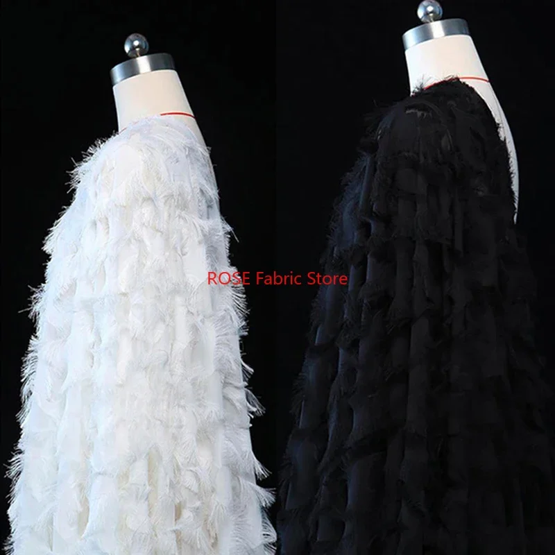 Black white pink tassel Jacquard Fabric for Bridal Dress, Clothing, Spring Dress, Party Dress, Dance Costume