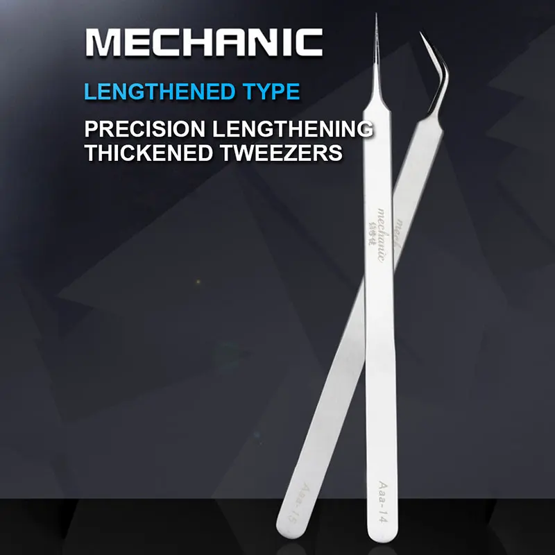 MECHANIC Precision Lengthening Thickened Tweezers Stainless Steel Hardened Tips Anti-Slip Grip for Electronics PCB Repair Tools