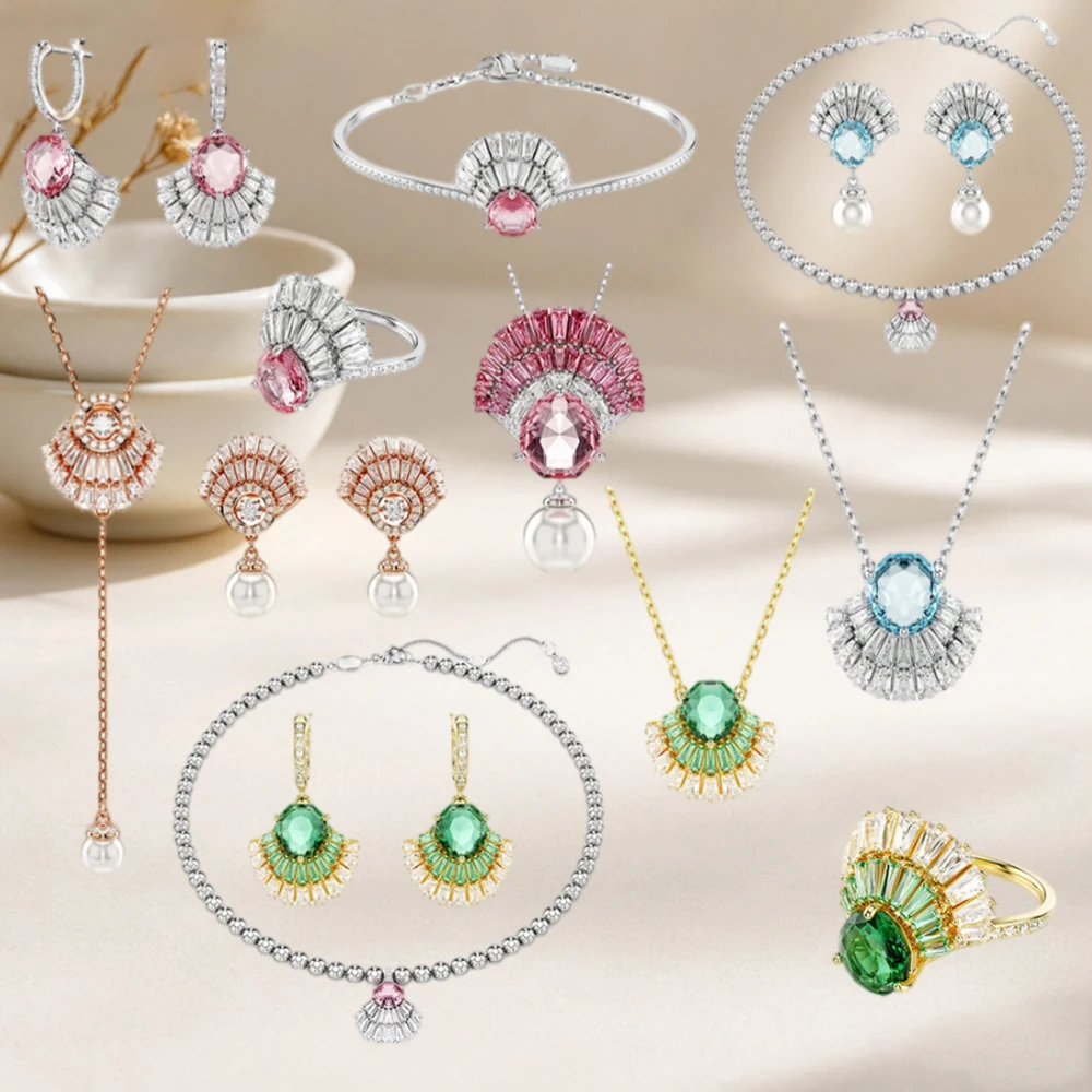 Ladder diamond splicing scallop light luxury pendant collarbone necklace gold green crystal fan-shaped earrings