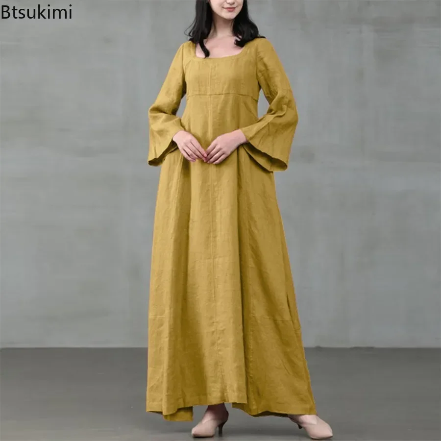 New Vintage Women Maxi Dress Fashion Square Collar Flare Sleeve Cotton Sundress Loose Party Dresses for Lady Robe Casual Vestido