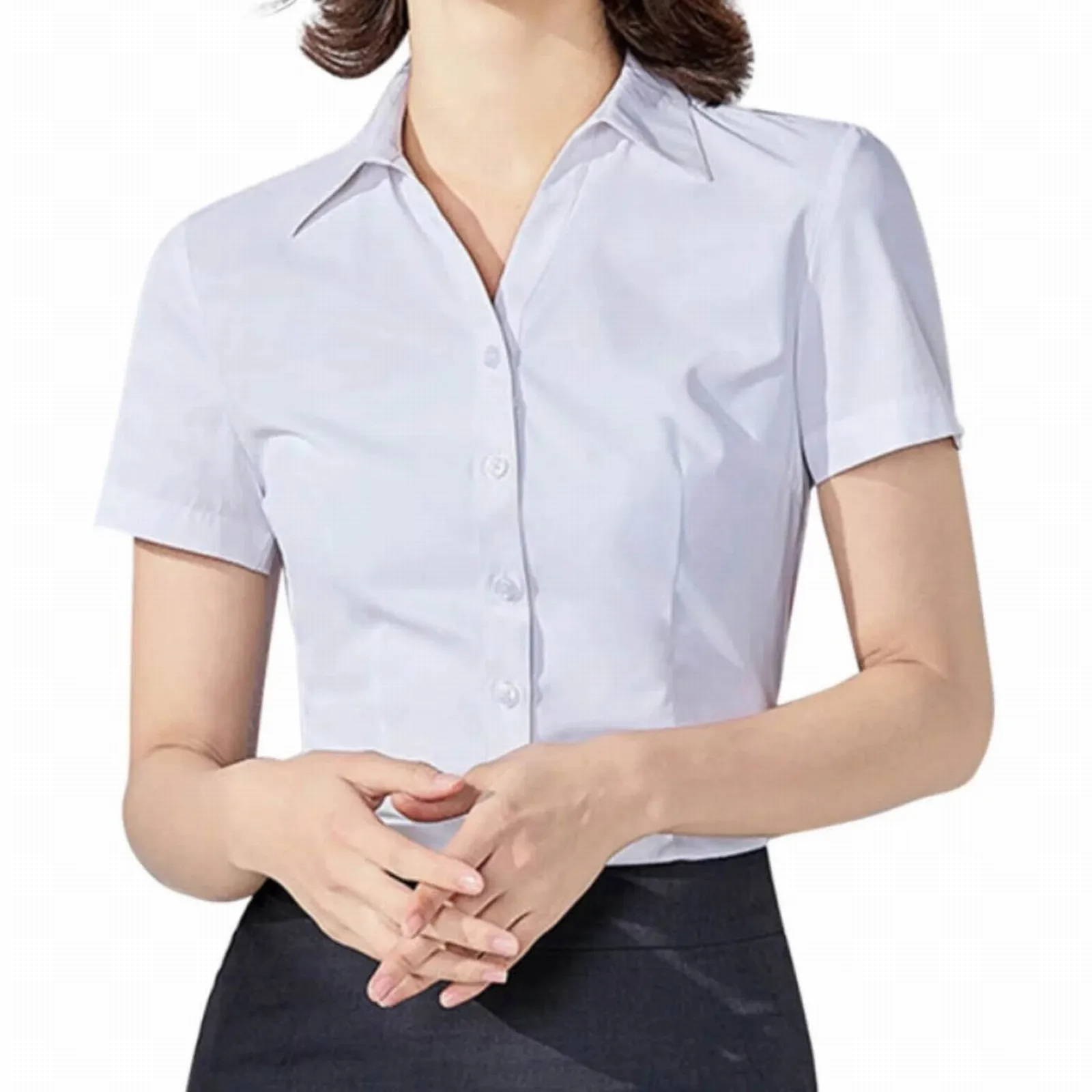 Classic Retro Shirts Women\'S Solid Color Short Sleeve Shirt Lapel Neck Button Skinny Top Blouses Leisure Business Tunic Camisas