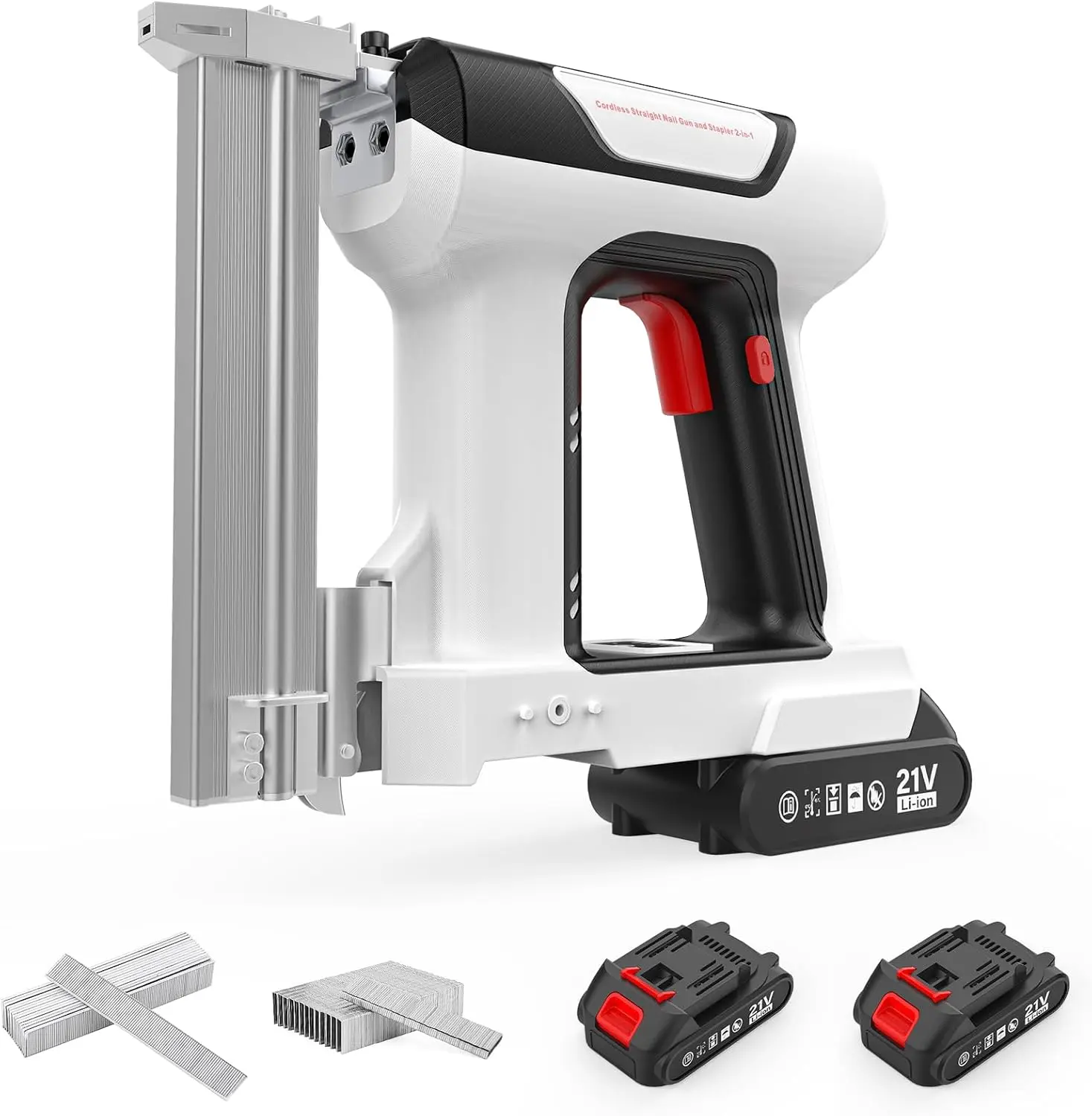 Two-in-One Battery-Powered Brad Nailer with Two Rechargeable Lithium-Ion Batteries, Handheld Electric 21-Volt Framing Nailer for Roofing, Woodworking, Drywall, Fencing, Furniture, and Professional Use