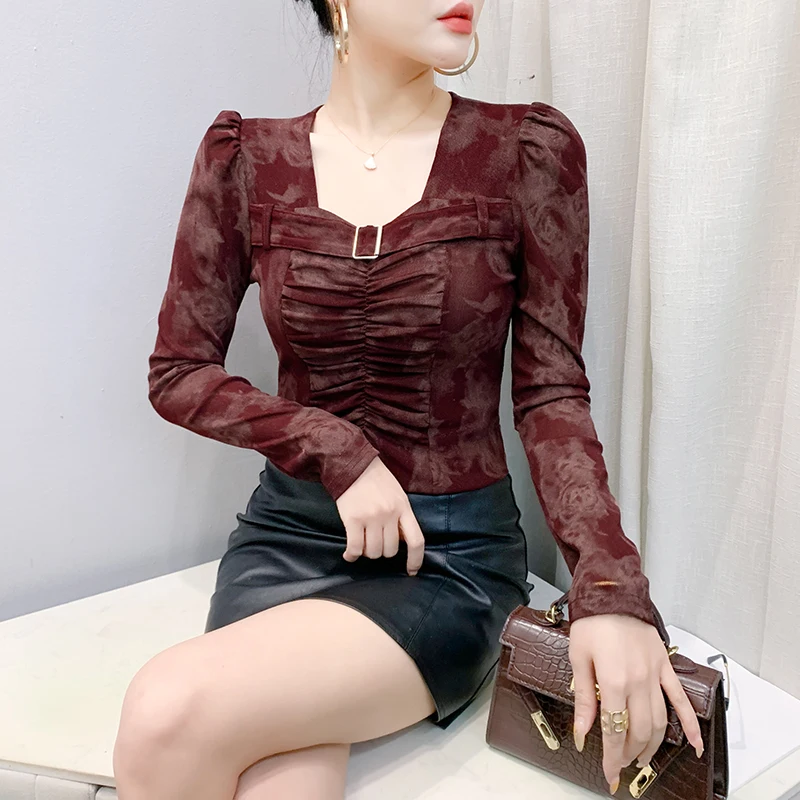 Czarny, koreański, styl, siateczka, koszulka, szykowny, seksowny, kwadratowy kołnierzyk, drukuj, drapowany, łączony, elastyczny, cienki, damski, topy, długi rękaw, koszulki, nowy, 51301