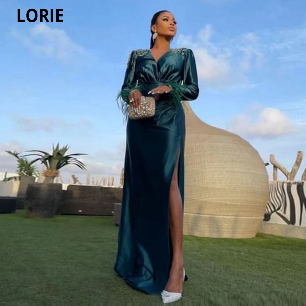 

LORIE Green Mermaid Evening Dresses Long Sleeves Side Split Party Dress Crystals Feathers Shiny 2022 Prom Gowns Robes De Bal