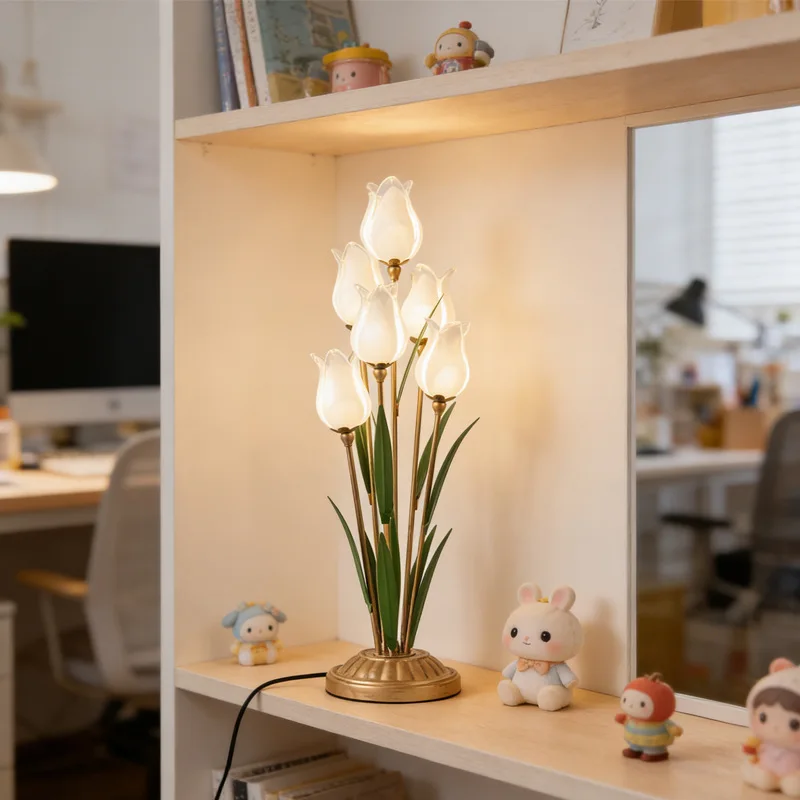 Tulip desk lamp, American country bedroom bedside ambient light, French simulated flower, night light