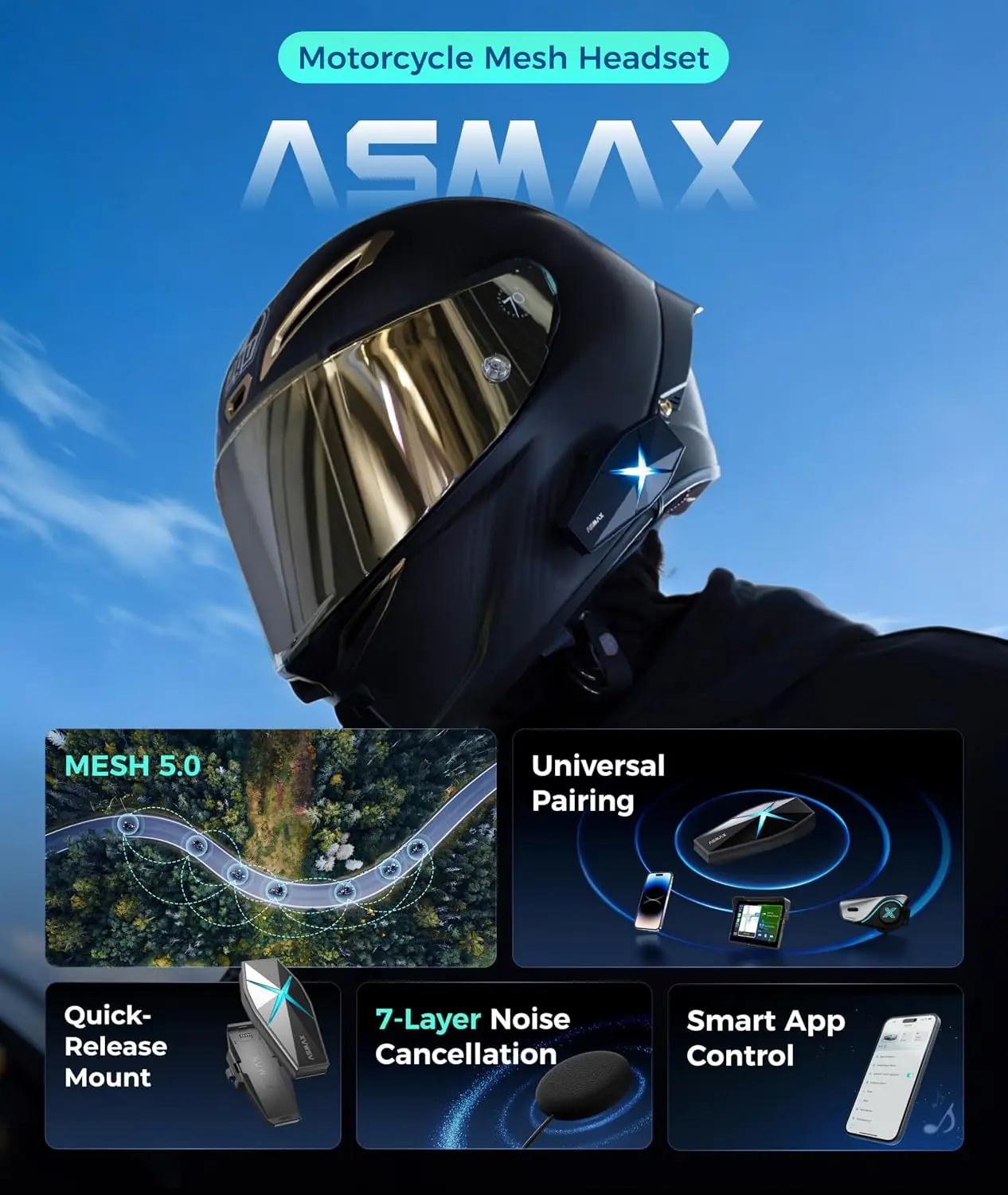 F1s Motorcycle Bluetooth Headset with Smart Voice Control, 1 Pack