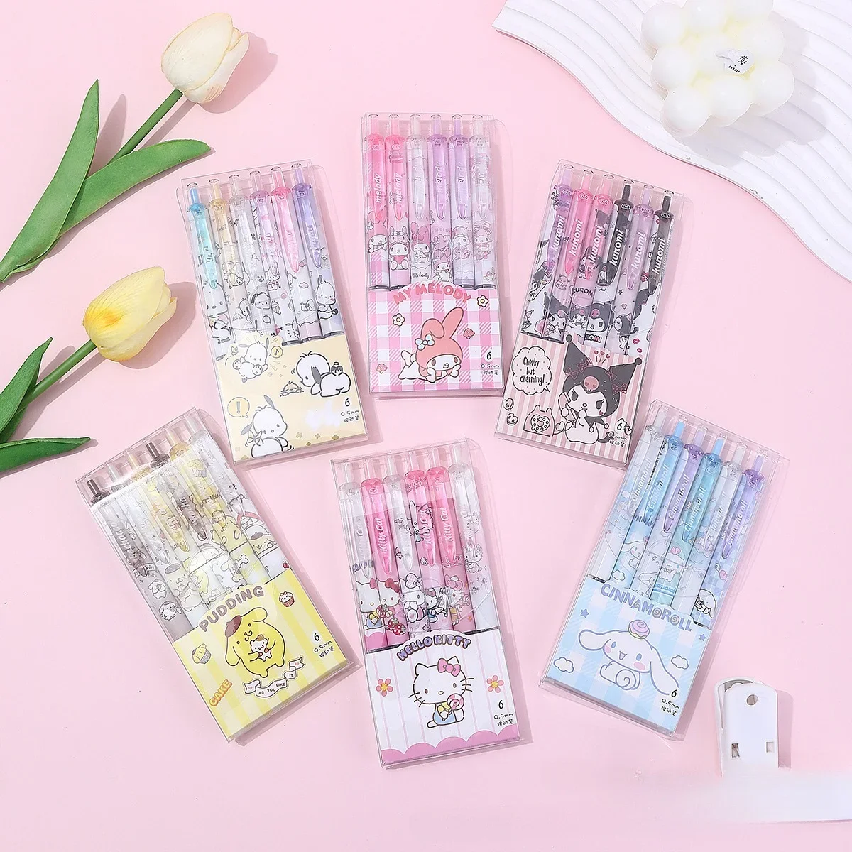 1/6pcs Sanrio Gel Pen 0.55mm Refill Y2K Cartoon Anime Hello Kitty Kuromi Melody Retractable Black Pen Student Stationery Supplie