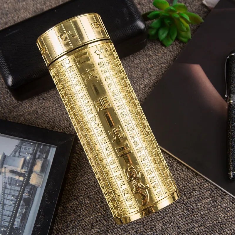 360ml High-end Business Thermal Water Bottle with Silver-plated Inner Liner And Buddhist Characters,Chinese retro THERMOS Cup c