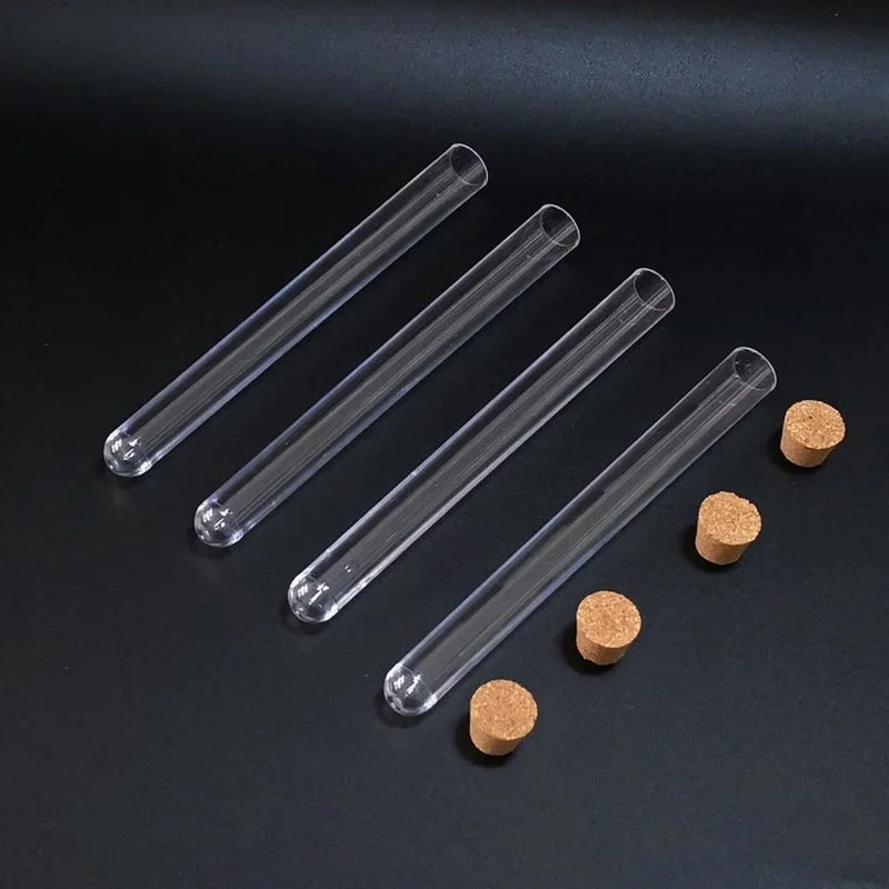 100pcs/lot Lab 15x150mm Clear Plastic Test Tube with Cork U-shape Bottom Tube with Wooden Stoppers