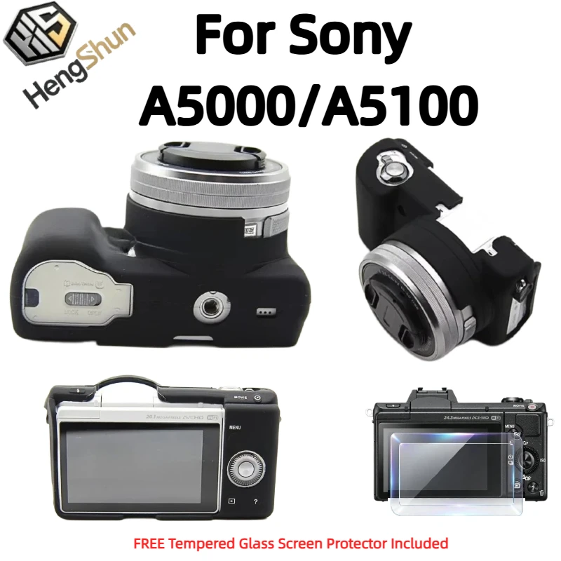 For Sony A5000 A5100 Soft Silicone Camera Case Shock‑Proof Anti‑Scratch Protective Cover + Free Tempered Glass Screen Protector