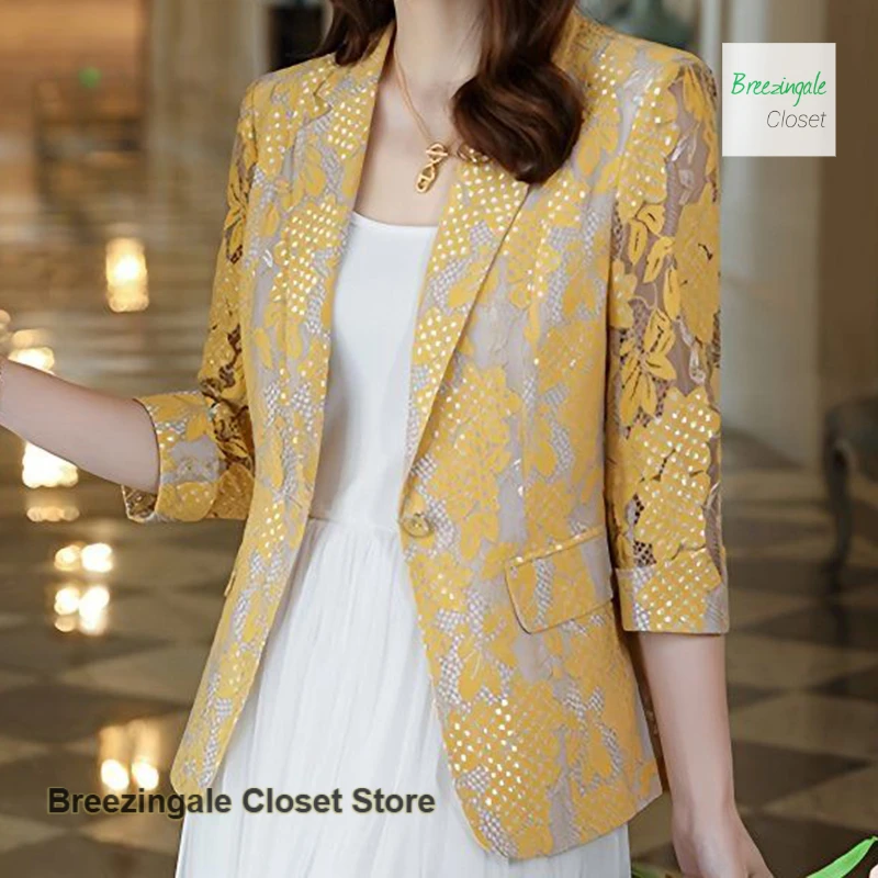 French lace openwork small suit jacket women's summer thin new fashion temperament casual slim beautiful western-style top.