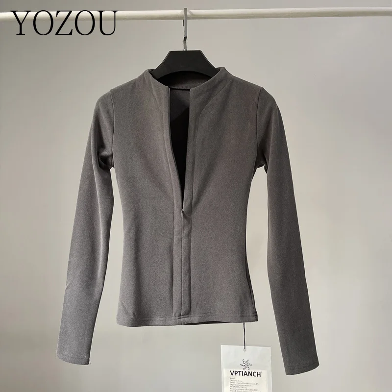 [YOZOU] Winter Solid Zip Up Fleece Warm Slim Basic T-shirts Long Sleeve Top Women Korean Style Outdoor Sportswear Black Gray